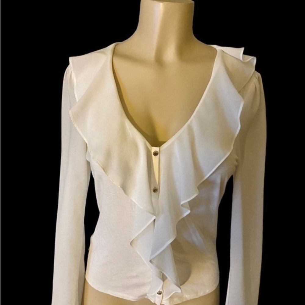 BeBe V Neck Top with Ruffle Neckline Size Small‎